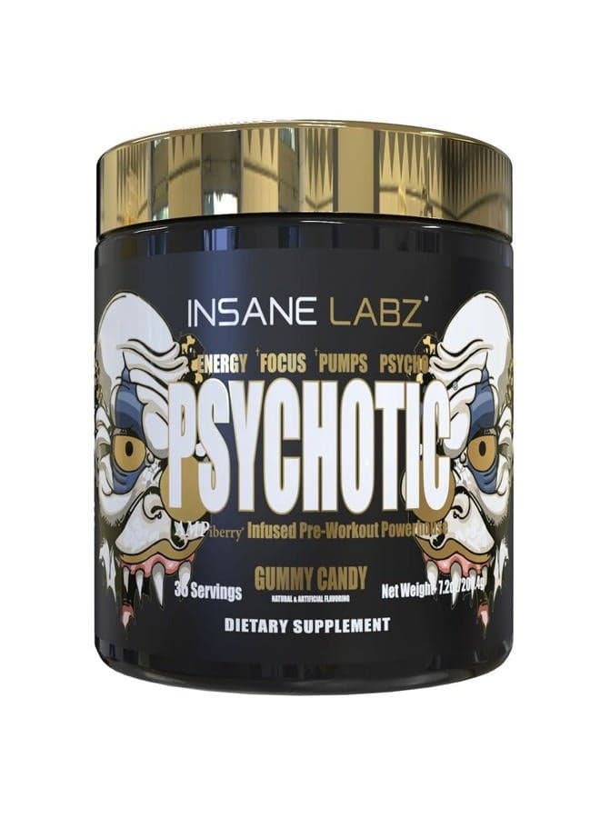Psychotic Gold, High Stimulant Pre Workout Powder, Extreme Lasting Energy Focus, Pumps and Endurance with Beta Alanine, DMAE Bitartrate, NO Booster (35 Servings, Gummy Candy)
