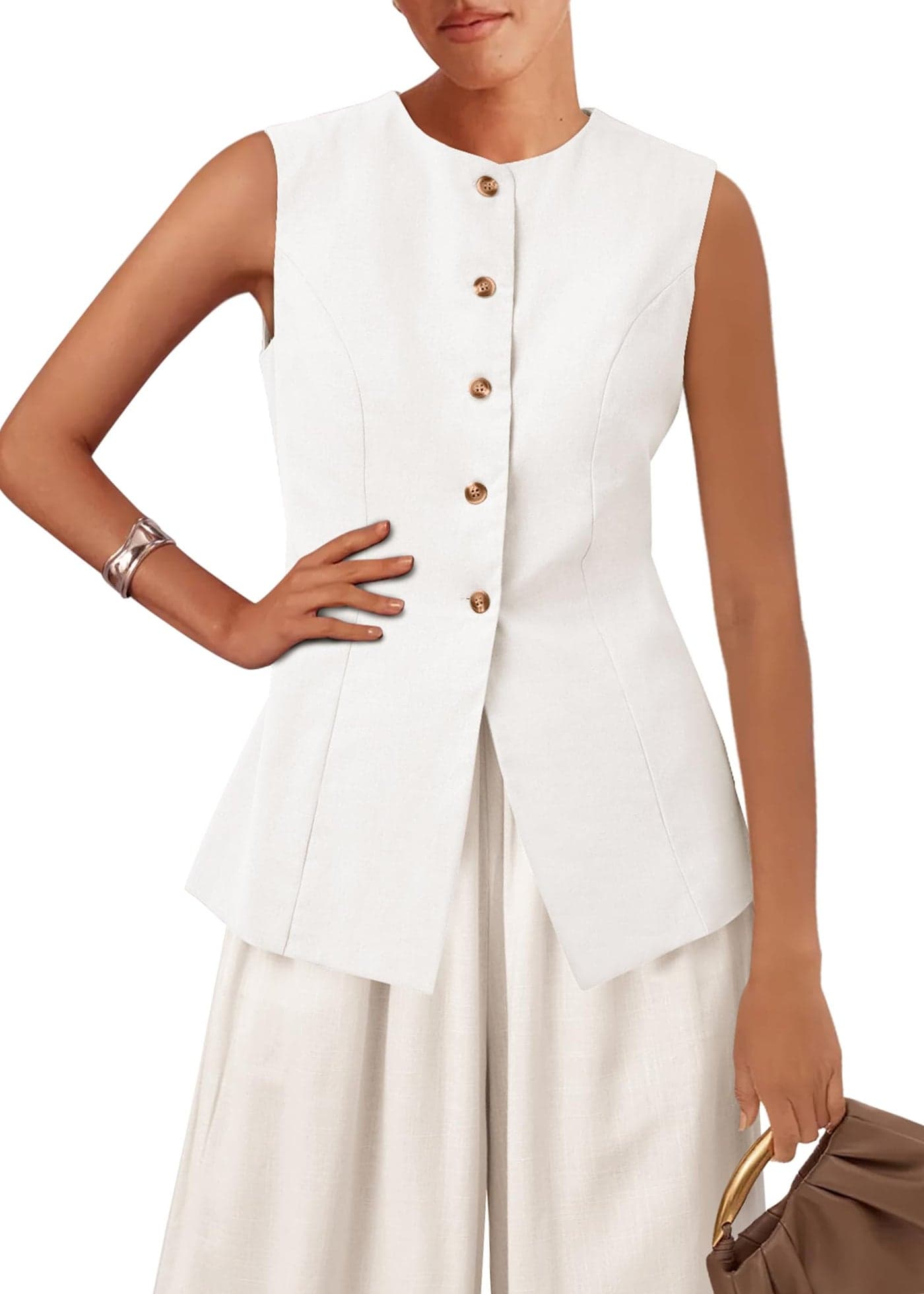 KIRUNDO Blazer Vest for Women Trendy 2025 Dressy Business Casual Summer Button Down Sleeveless Work Suit Waistcoat Tops(White, Medium)
