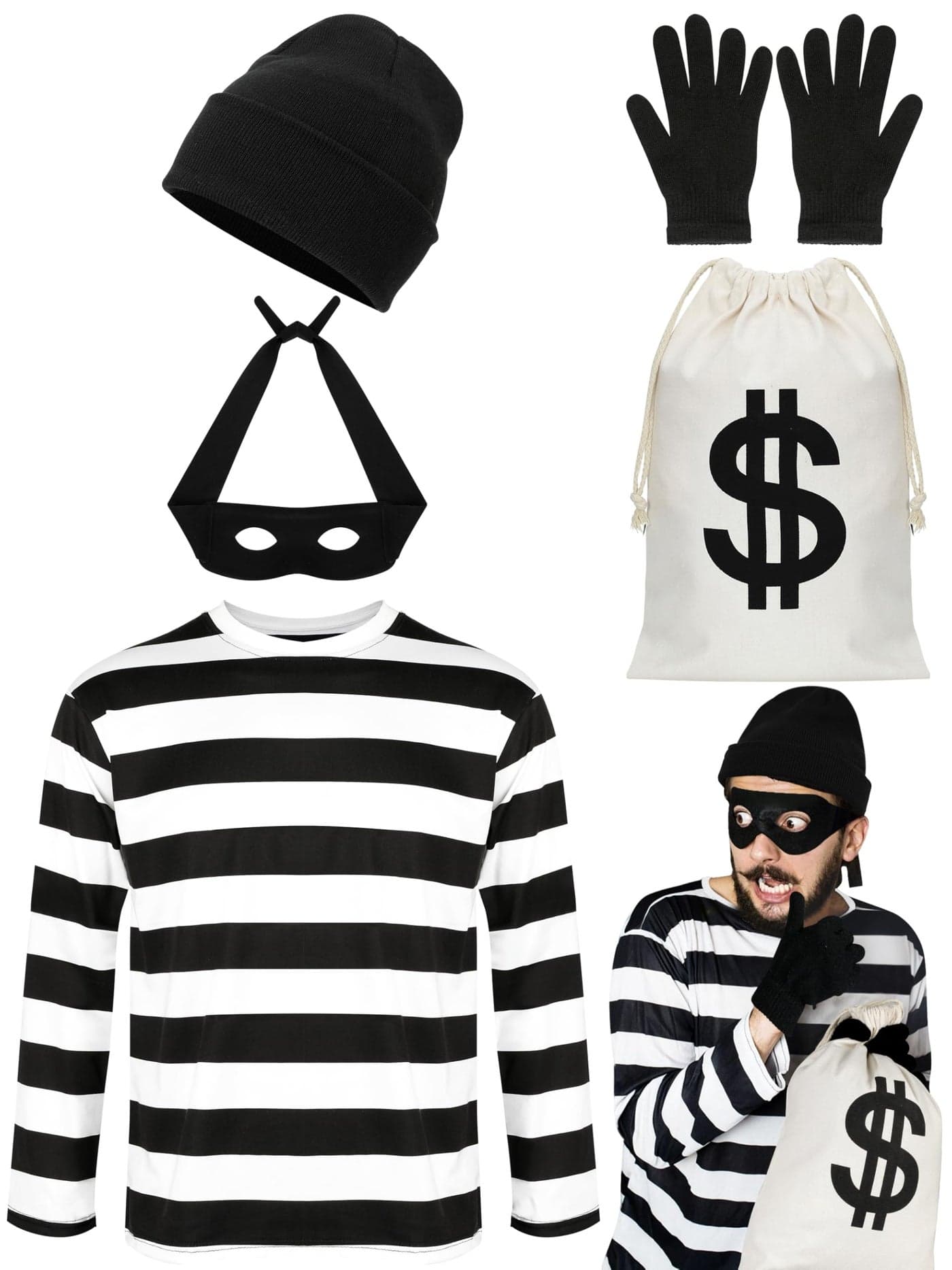 QZYL Robber Costume Set, L Unisex Thief Cosplay T Shirt Beanie Cap Gloves Eye Masks Money Bags for Halloween
