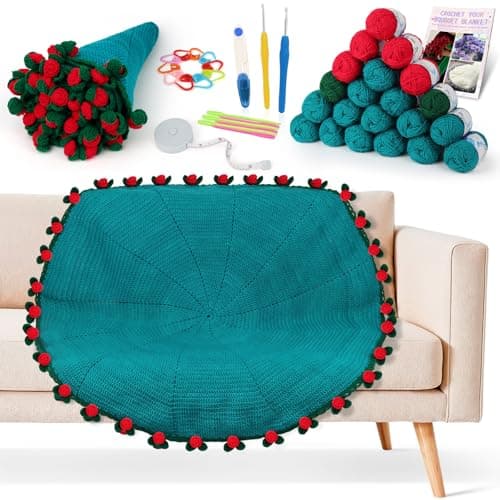 Aeelike Crochet Blanket Kit Flower Bouquet Blanket Crochet Kit for Beginners Adults Roll Up Blankets Crochet Kit with Enough Yarn Detailed Instruction Easy DIY Kit for Women Home Decor Rose