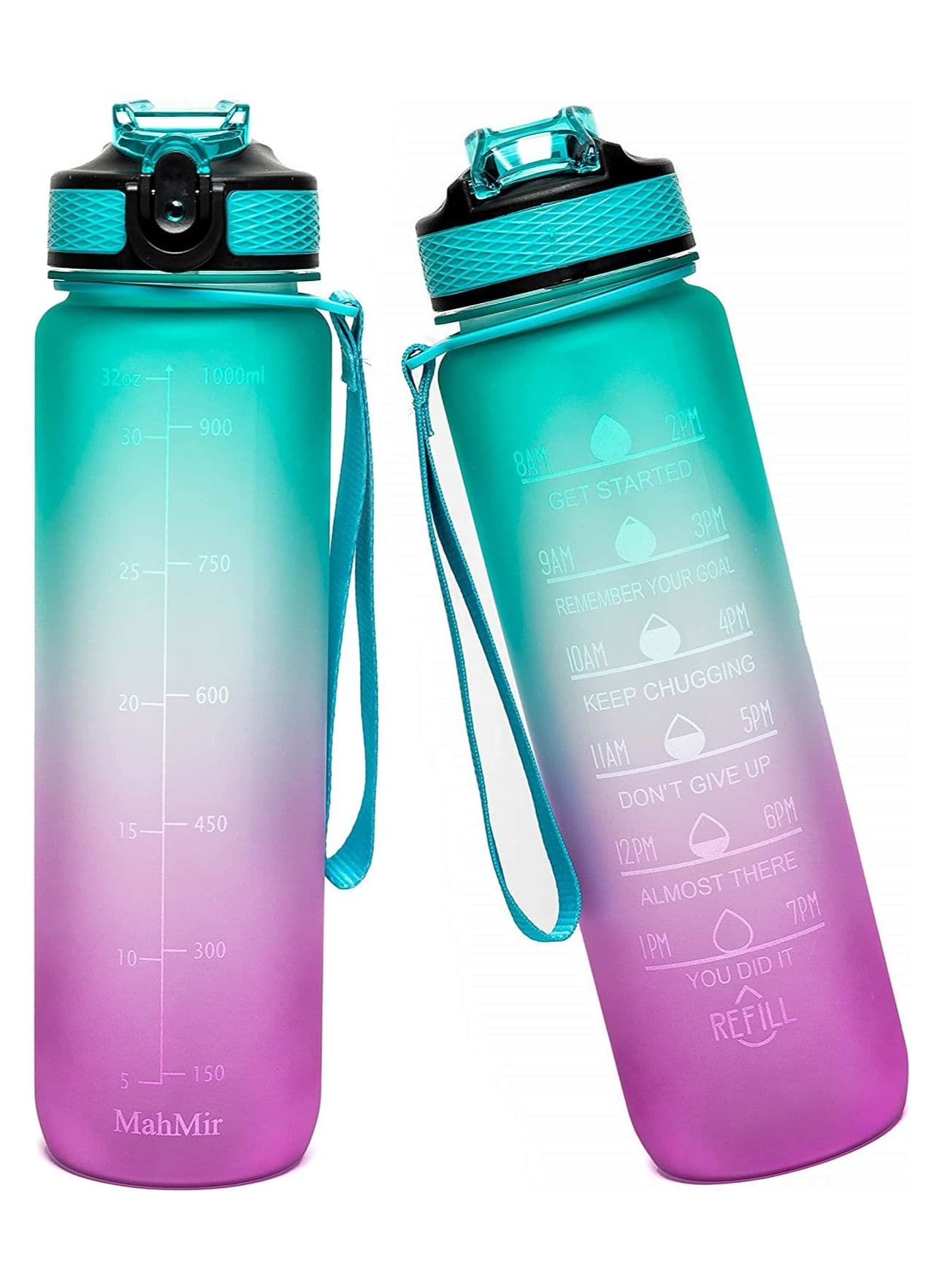 Water Bottle 1L with Time Marker Straw Strainer Tritan BPA Free for Fitness Gym Outdoor Sports By MahMir Green