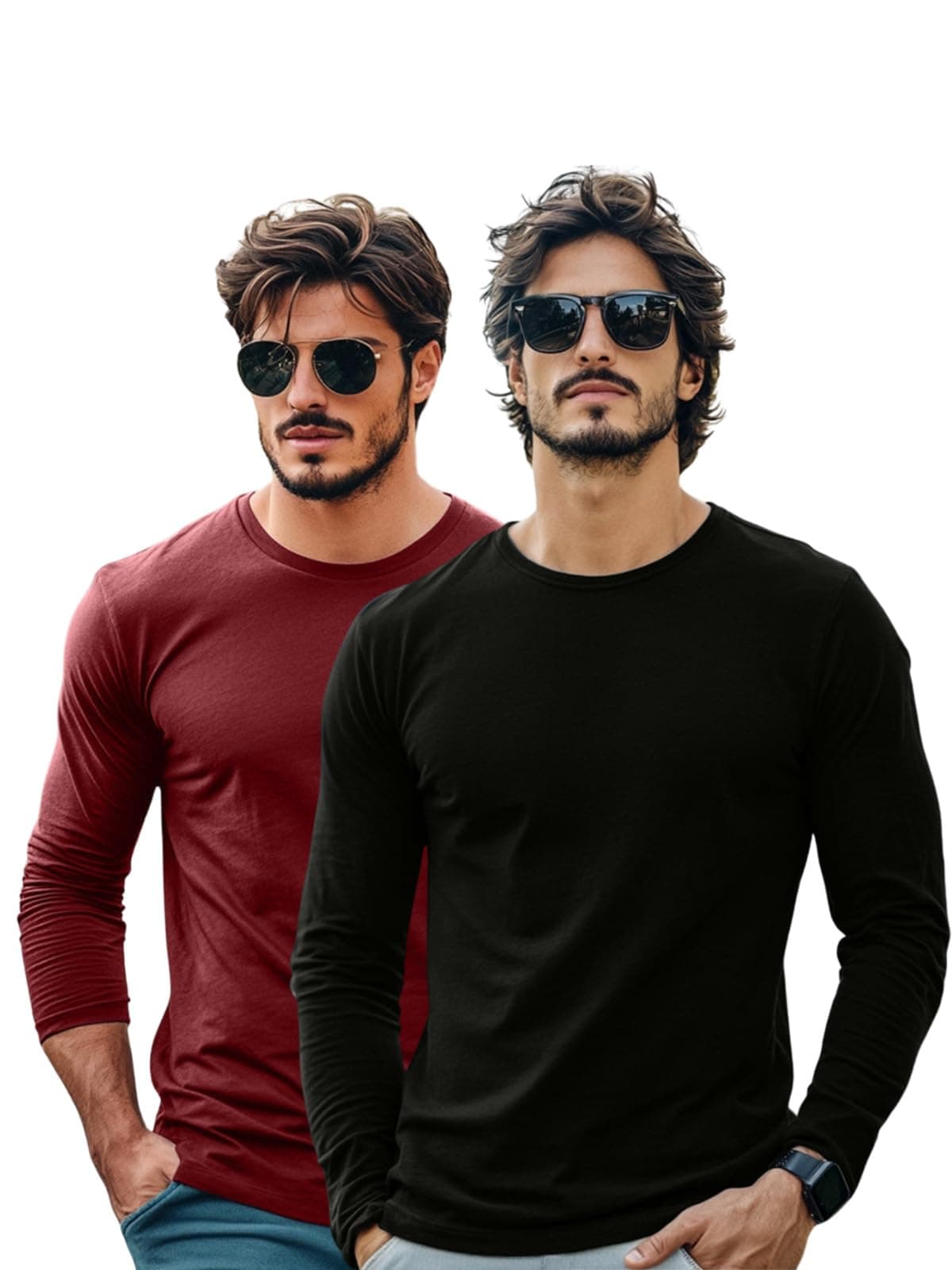 Veirdo® Pure Cotton Round Neck Regular Fit Solid Full Sleeve T-Shirt Combo for Men & Boys (PO2_V_FS_BK_MR_XXL)