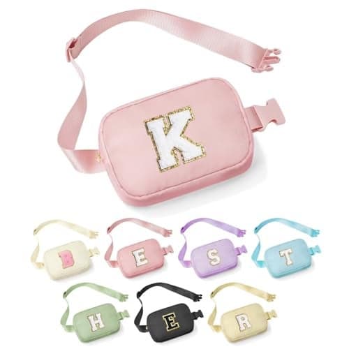 YOOLIFE Gifts for Girls - Initial Belt Bag, Pink Letter Monogrammed Crossbody Bag