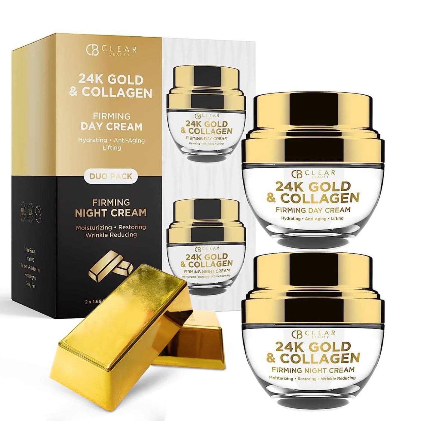 Clear Beauty 24K Gold Collagen DayNight Moisturizer Set Dermatologist Tested Hydrating AntiAging Cream Natural Ingredients Cruelty Free Korean Skin Care All Skin Types Value Pack
