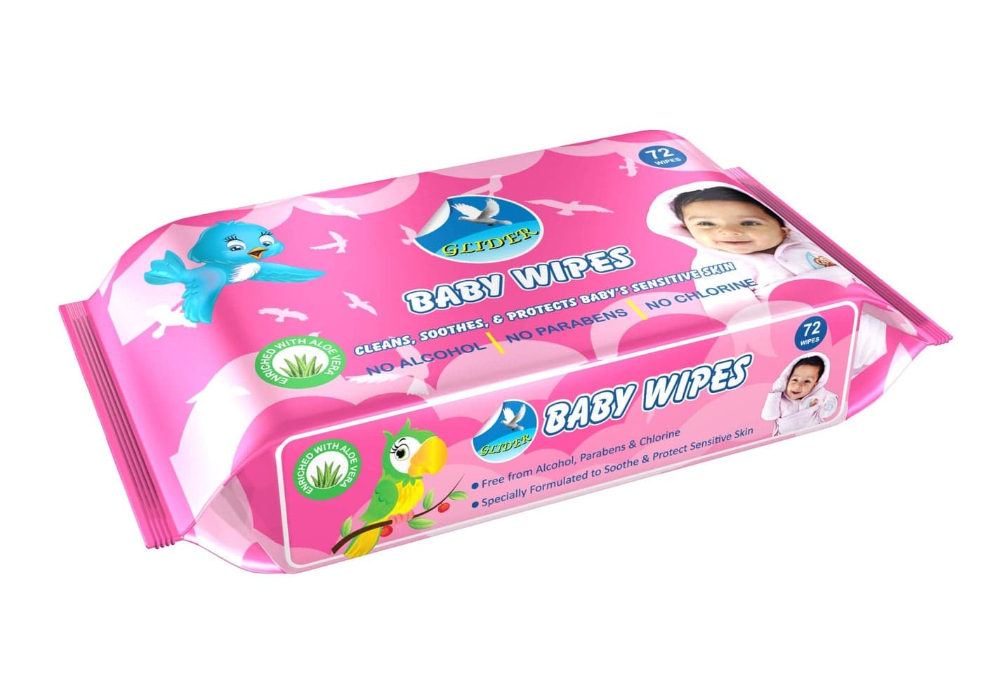Glider Baby Wipes with Aloe Vera,Vitamin E & Mild Fragrance for Baby's Sensitive Skin (Pack of 1 (72 Wipes))