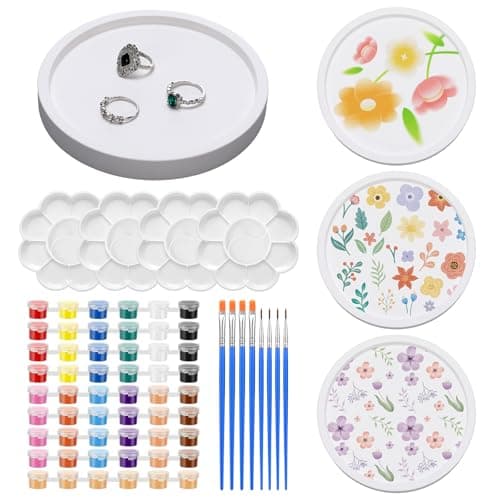 MotiMind 4 Set Ceramics to Paint Round Jewelry Tray Ready to Paint Your Own Ceramic Ring Dish Holder DIY Unpainted Plaster Trinket Dish Paintable Tray Crafts with Brush Palette for Adults