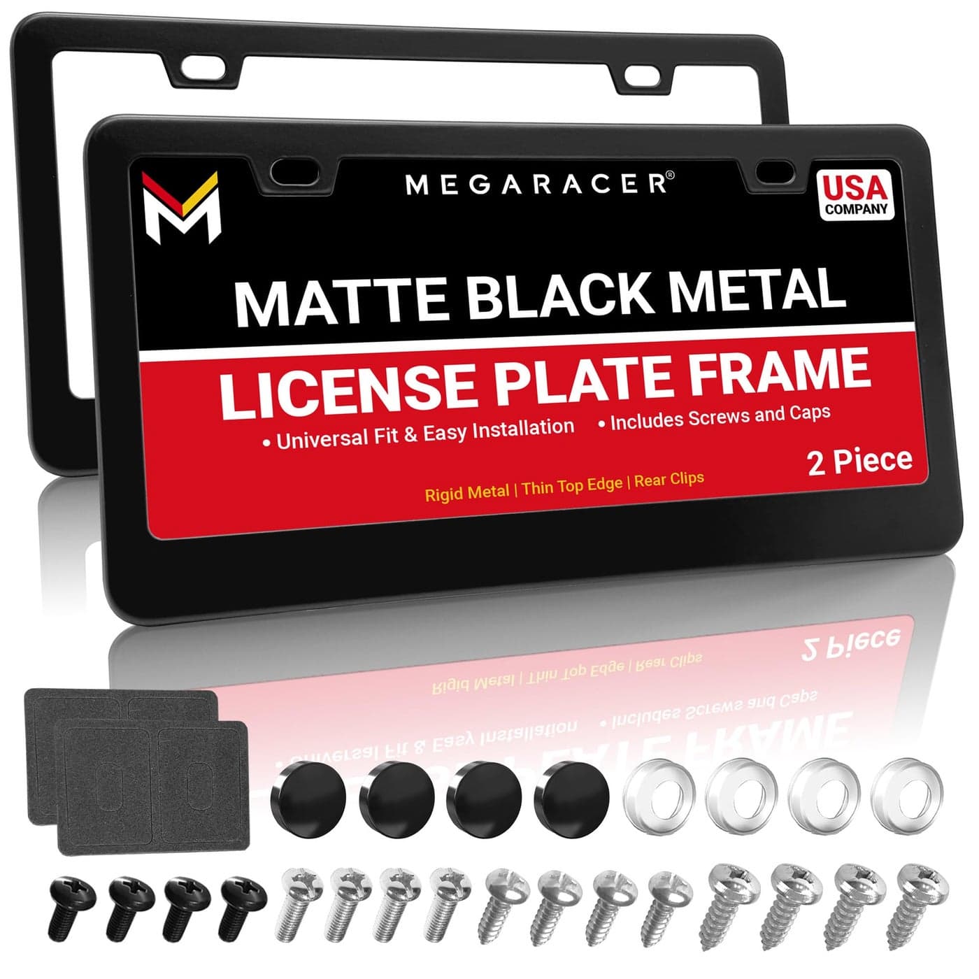 Premium Matte Black License Plate Frames 2 Pack RustFree Stainless Steel RattleFree Universal with Screw Caps SlimTop WideBottom Design Thin Rigid Metal Front Rear Car Tag Holders