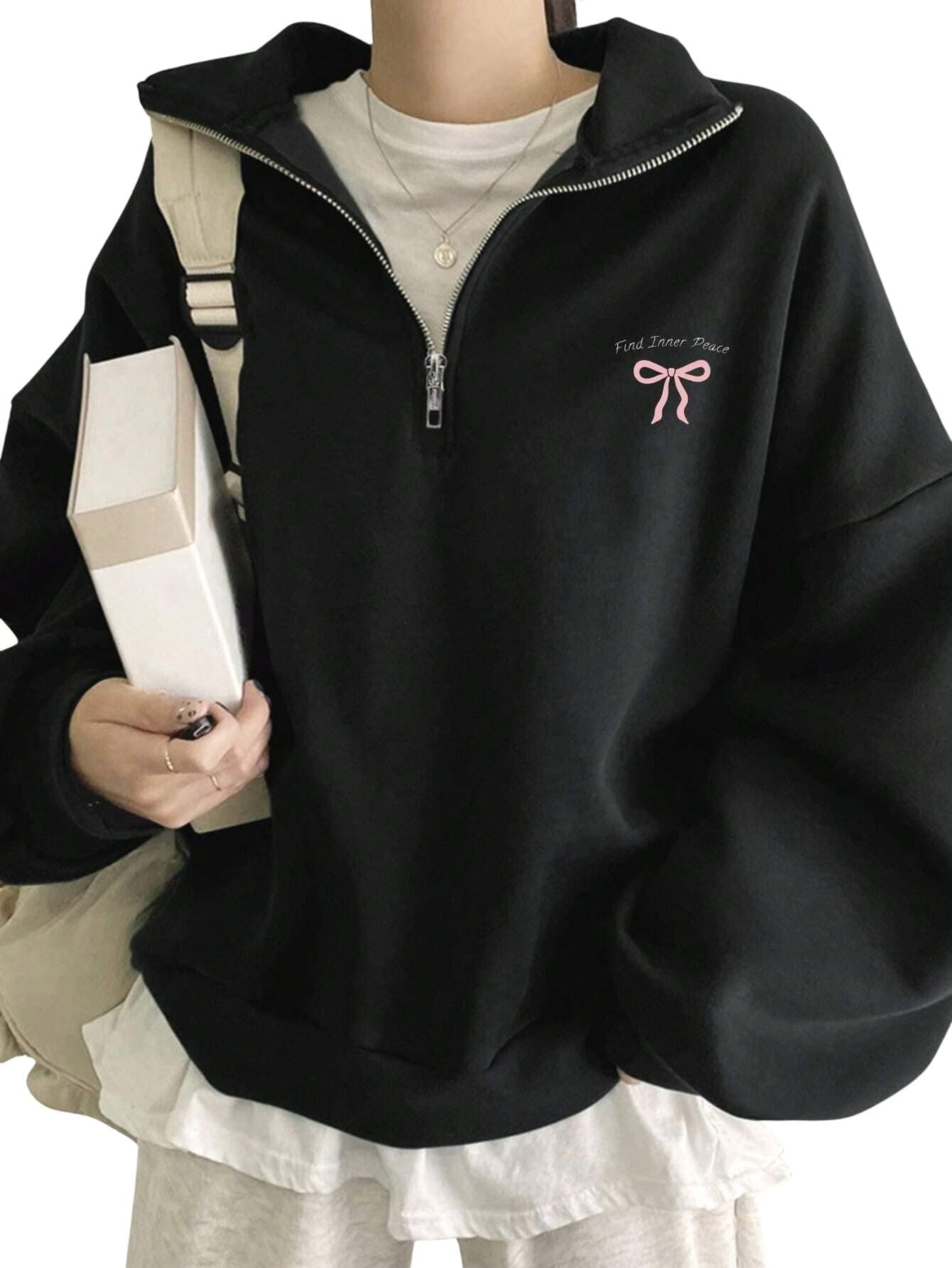 SXV STYLE Women's Half Zip Sweatshirt with Bow, Find Inner Peace, Long Sleeve Pullover, Casual Oversized Fit (in, Alpha, S, Black)