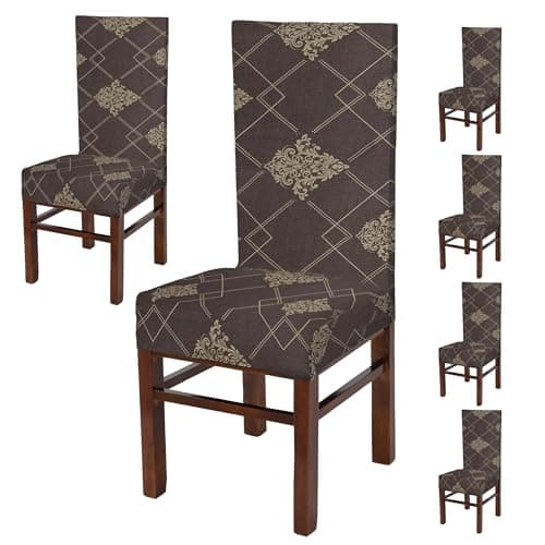 Yellow Weaves Elastic Stretchable Dining Chair Cover, Removable Washable Elastic Floral Printed Dining Chair Covers (Set of 6, Brown)