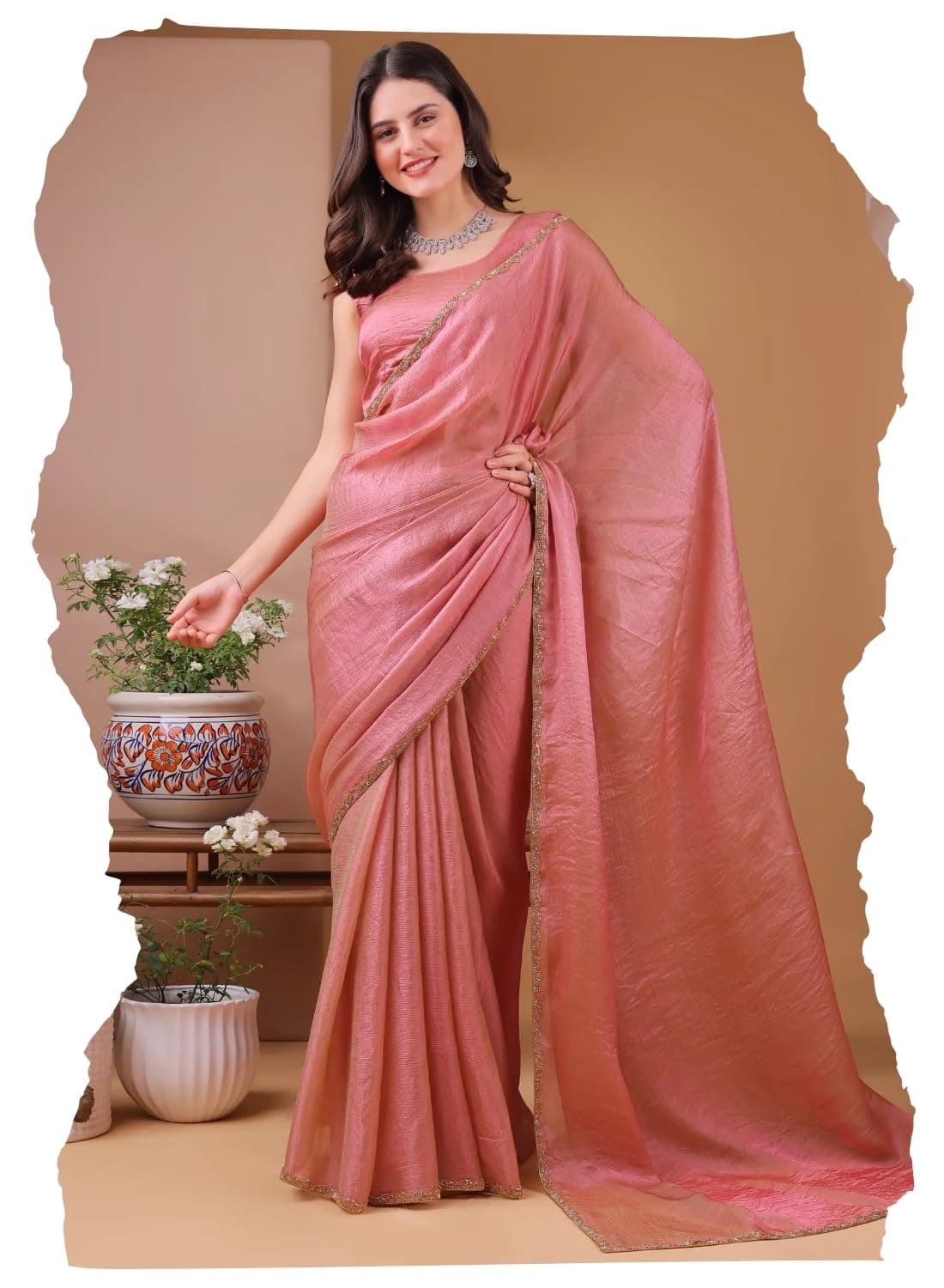 MARGI DESIGNERS Womens New Latest Party Fancy Bollywood Style Fendy Chiffon Embellished Hand Lace Work Two Tone Peach Saree with Blouse