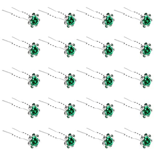 QIUTIMIY 20 Pack (Green) Crystal Hair Pins Rose Flower Rhinestone Hair Clips for Bridal Wedding Women Hair Jewelry Accessories, with Clear Container