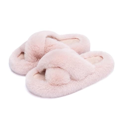 Chantomoo Women's Cross Slippers Memory Foam House Bedroom Slippers for Women Fuzzy Plush Comfy Faux Fur Lined Slide Shoes Anti-Skid Sole Trendy Gift Slippers Pink Size7 8 6.5