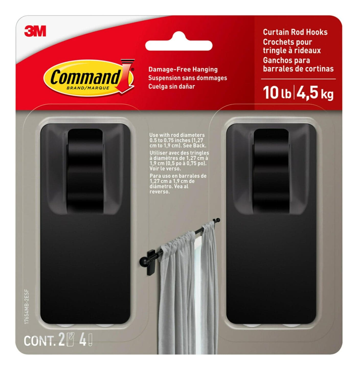 Command 10 lb Matte Black Curtain Rod Hooks 2 Hooks and 4 Strips No Drilling Christmas Decorations Use with Rod Diameters 05075