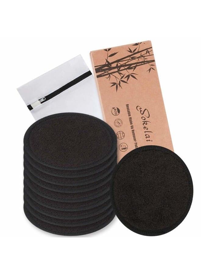 Reusable Makeup Remover Pads Black Washable - 10 Pack Organic Cotton Rounds for Face Eye with Laundry Bag, Facial Cleansing Cloth Towel, Make-Up Removal Wipes for All Skin Types