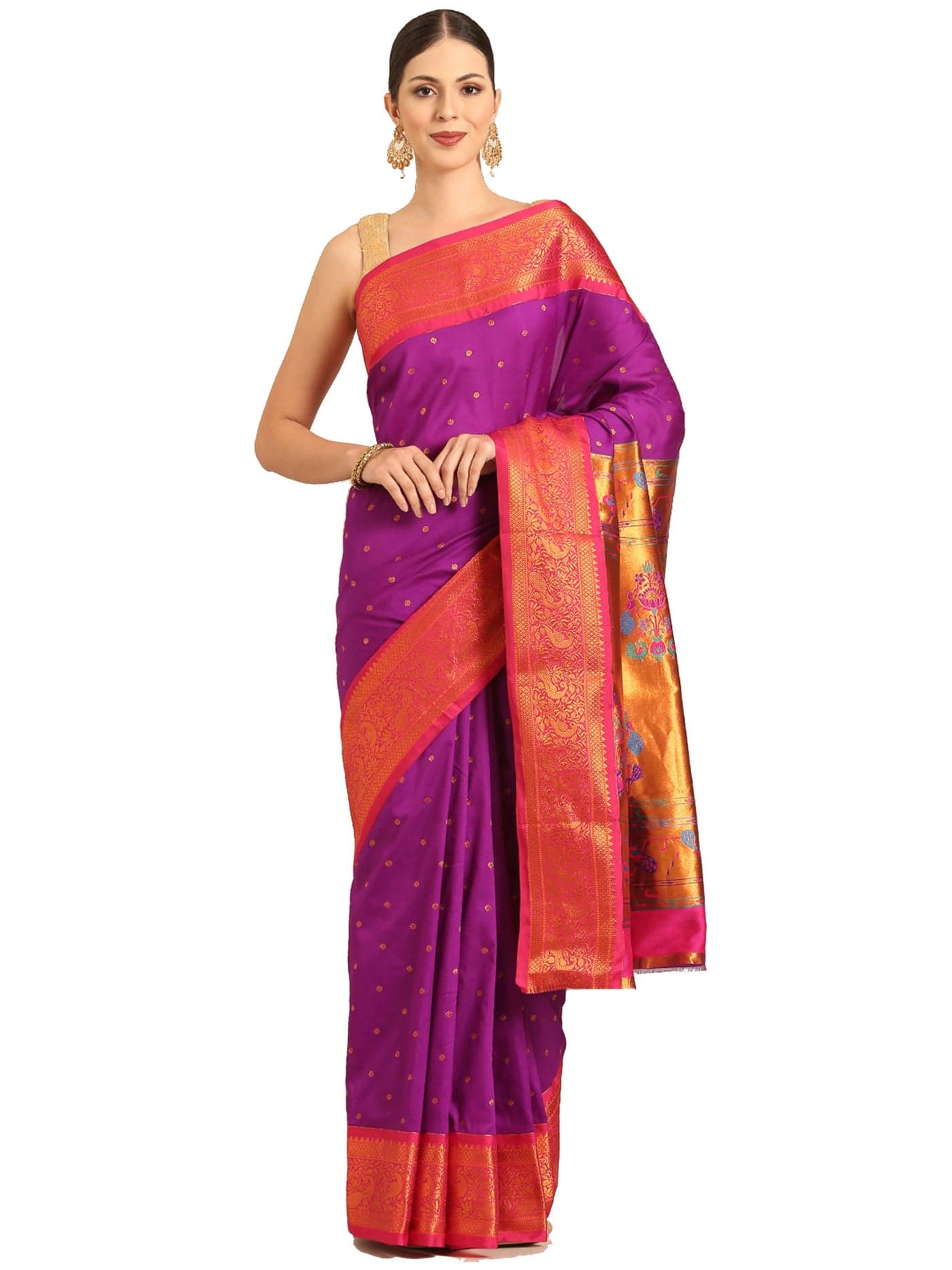 Varkala Silk Sarees Women's Kadiyal Soft Silk Fancy Pallu Paithani Saree With Blouse Piece (V284A204-COPR_Purple & Pink)