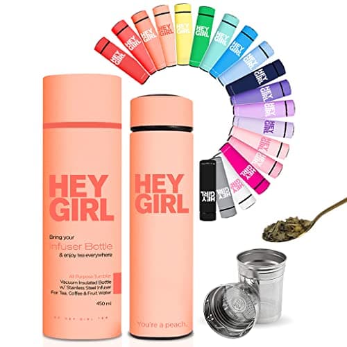 Hey Girl Tea Infuser Bottle 450ml - Insulated Stainless Steel Water Bottle - Tea Tumbler with Tea Diffuser - Portable Travel Mug for Loose Leaf Tea & Infused Water - Tea Lovers Gifts for Women