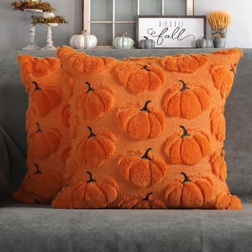 4TH Emotion Fall Pumpkins Decorative Pillow Covers 18x18 Set of 2 Orange Soft Plush Faux Fur Wool Farmhouse Throw Cushion Cases for Autumn Thanksgiving Holiday Home Decorations