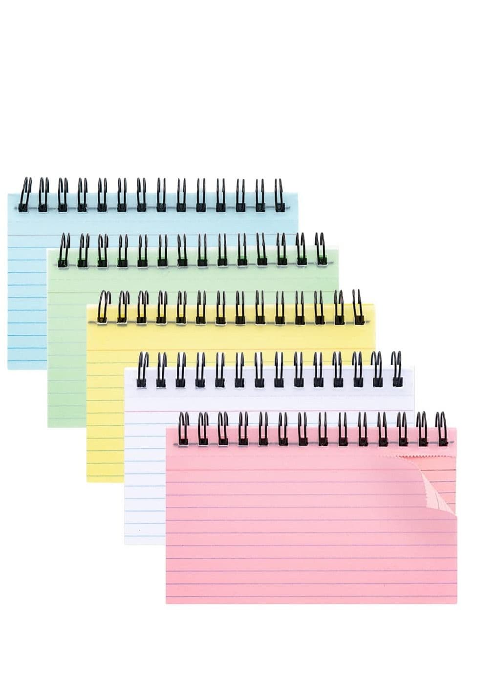 5 Colours Index Cards 5x3 Inches Ruled Spiral Bound Rings Lined Revision Flash Record Cards for Office Meeting, School Learning Memory Sticky Note Spiral Note Paper