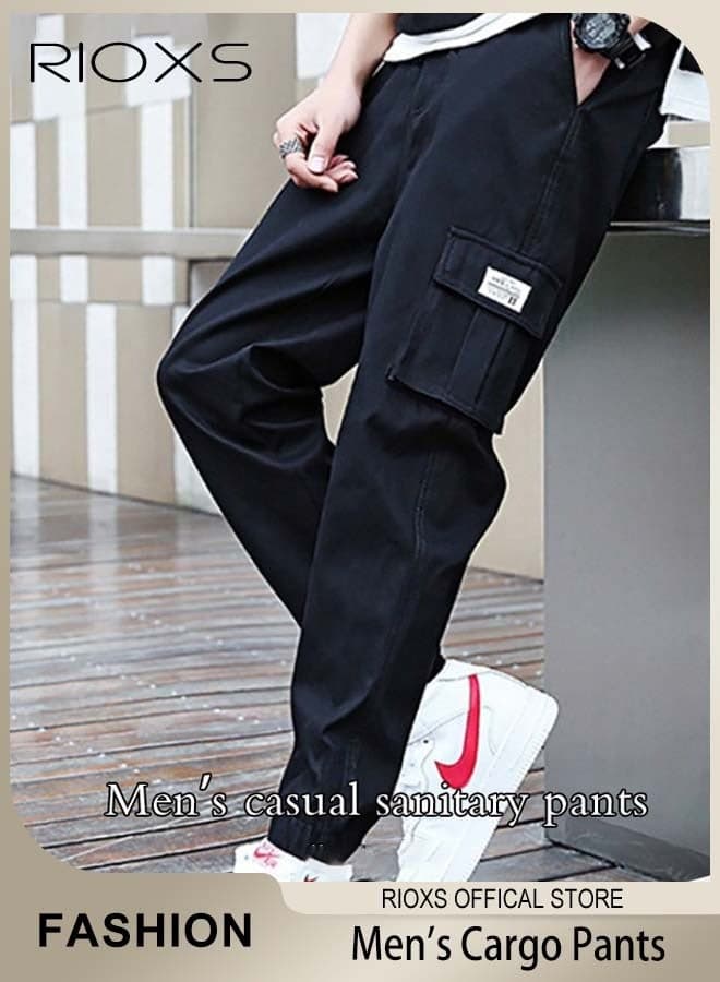 Men's Classic Cargo Pants, Loose Fit Drawstring Elastic Waist Joggers with Multi Pockets, Comfy Breathable Cuffed Sweatpants Sports Athletic Trousers for Men, Stretch Workout Trousers for Go-out, Travel, Sports, Daily Leisure, Black