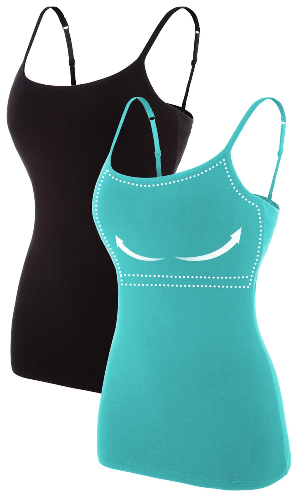 ATTRACO Women Camisole Shelf Bra Tank Shirt Slim fit Camis Two Packs Black Aqua L