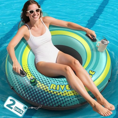 2 Pack 53 Heavy Duty River Tube Float for AdultsInflatable River Raft Float for Pool Lake Beach with Builtin Cup HoldersErgonomic BackrestDurable Grip Handles Grab Rope360Lb Weight Capacity