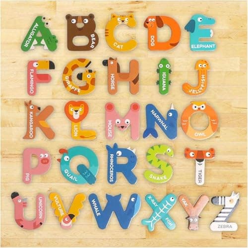 SHINETOY Animal Alphabet Learning Set, 26 Pieces Wooden Letters with Animal Shapes, Educational Memory Method Cards for Kids, ABC Recognition Teaching Aid