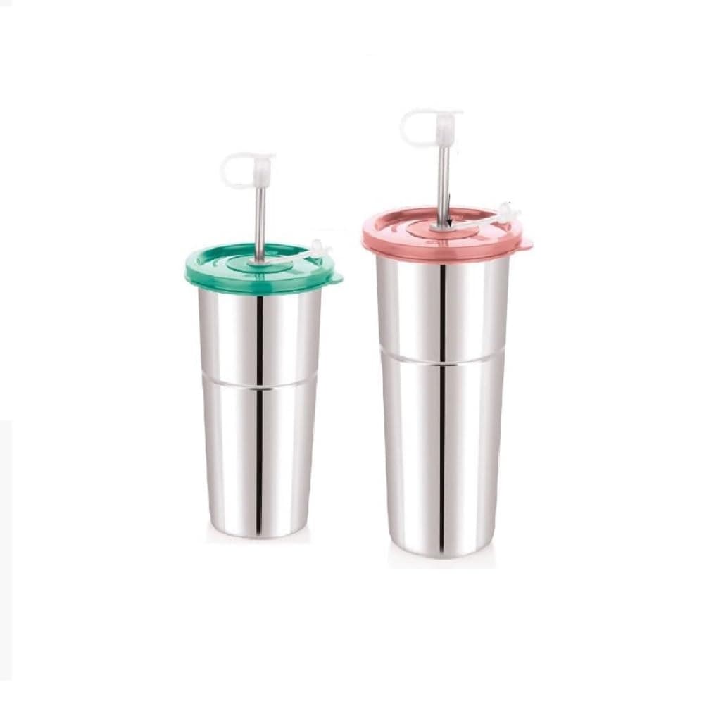 ELEXIQ Stainless Steel Tumbler with Silicon Aperture Steel Lid Leak Proof Straws with Brush Glass Tumbler Steel lid Steel Glass with Lid Capacity LD SIP 400600ML