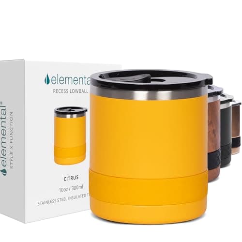 Elemental Recess Lowball Tumbler 10oz Triple Wall Stainless Steel Cup with NonShattered Tritan Lid Insulated Whiskey Glass Insulated Coffee Tumbler Mug for Hot Cold Drinks Citrus