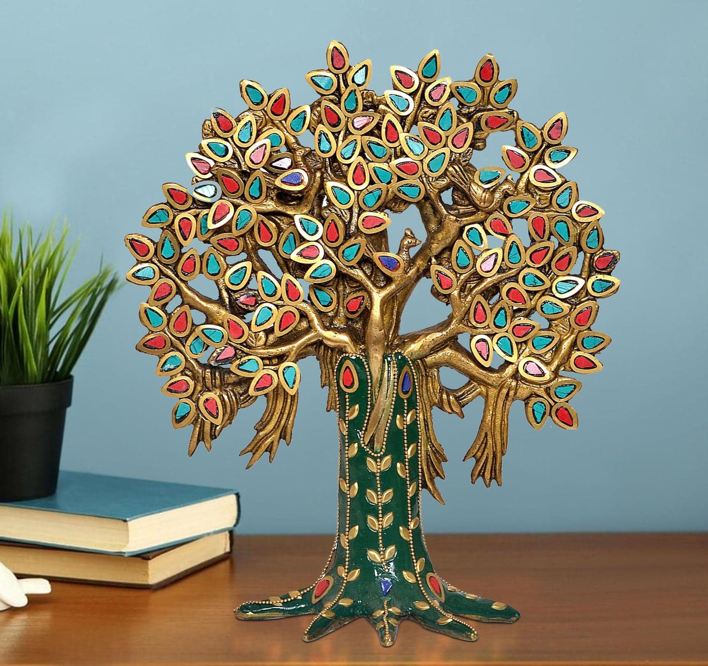 Dattatreya Brass Kalpavriksha Tree Table Standing with Stonework for Home Decor and Ofice Teble Decor Figurine (Height: 10 inch)