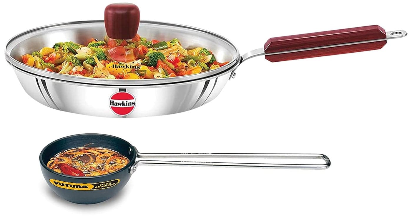 Hawkins Tri-Ply Stainless Steel Induction Compatible Frying Pan with Glass Lid, Diameter 26 cm, Thickness 3 mm & Futura Hard Anodised Tadka Pan/Spice Heating Pan, Capacity 0.48 Litre, Diameter 12 cm