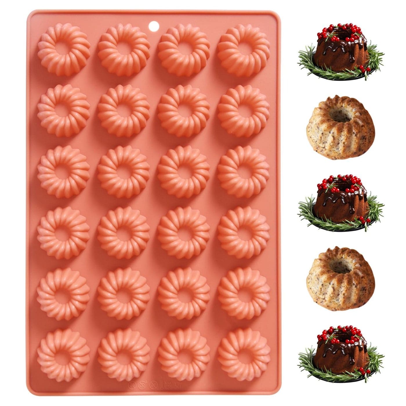 Mini Buntz Cake Silicone Pan 24Cavity Nonstick Fluted Tube Ring Cake Pan for Baking Donuts Silicone Mold for Mousse Cupcake Chocolate Jelly Pudding Dessert 118 x 76 x 07 inches Terracotta