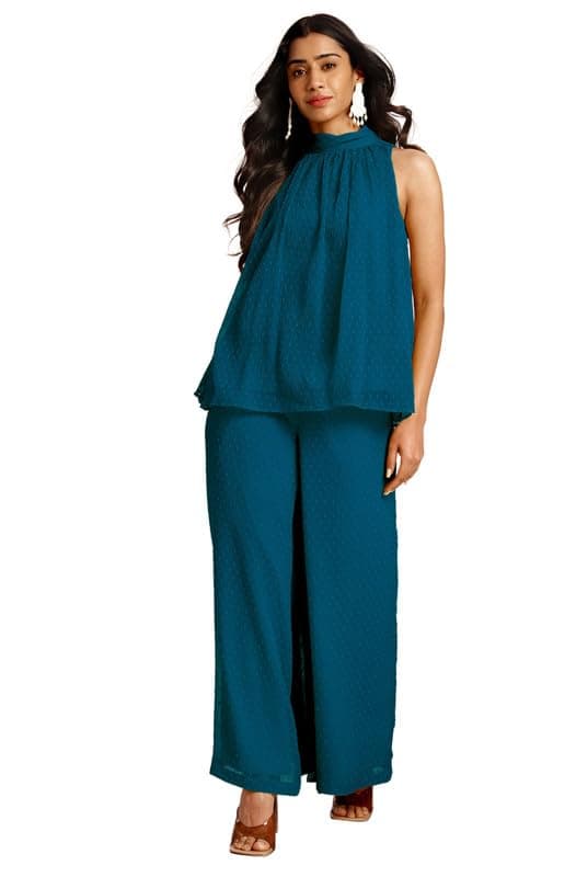 Janasya Women's Teal Chiffon Woven Design Gathered Co-Ord Set (JAB24CD00489-XS)