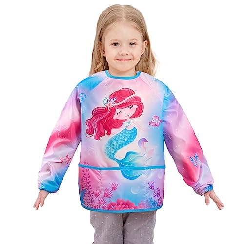 WERNNSAI Kids Art Smock for Girls Mermaid Kids Aprons Waterproof Toddler Art Painting Smock for Girl 68 with Long Sleeve and 3 Pockets Painting Eating Cooking Baking Gardening Apron