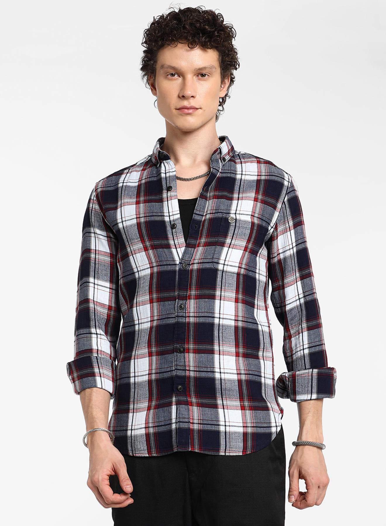 Men's Navy Blue & Cadmium Red Tartan Plaid Shirt