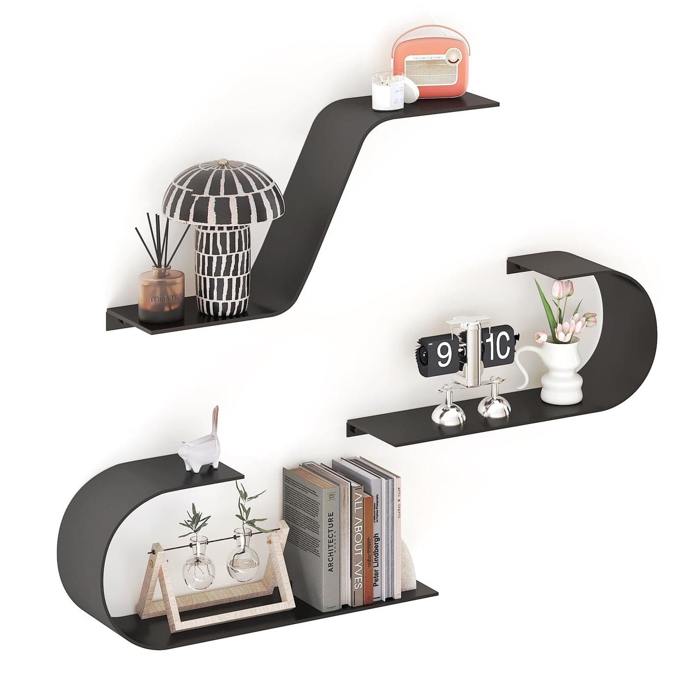 BUTUNITA Black Floating Shelves Set of 3 Black Metal Decor Unique Mounted Floating Shelf Modern Long Wall Shelf Large Wall Shelves for Bedroom Bathroom Living Room