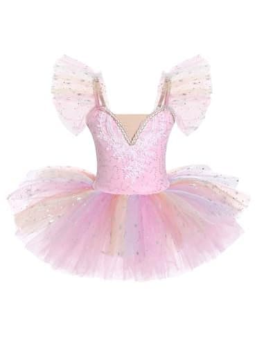 ODASDO Girls Ballet Leotard Dress Spaghetti Straps Camisole Puffy Tutu Tulle Princess Dresses Kids Gymnastics Ballerina Swan Lake Stage Performance Competition Training Class Dancewear Pink 1112Y