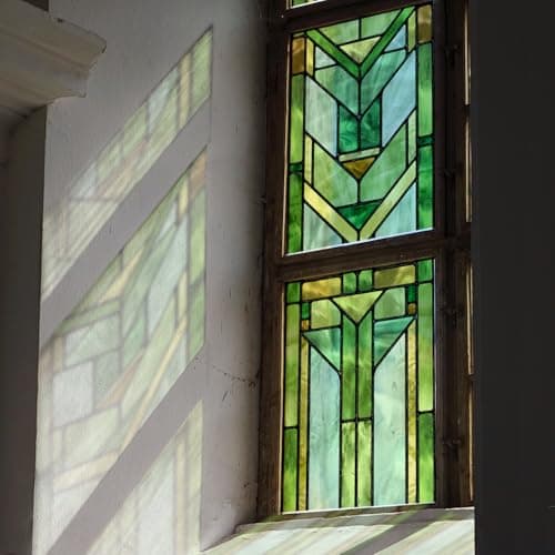 Flortlias Faux Stained Glass Effect Transparent Window Film, Original Hand Dawn Static Cling Home Decal Inspired by Frank Lioyd Wright, 16.93" x84.65" Hollyhock House, Green