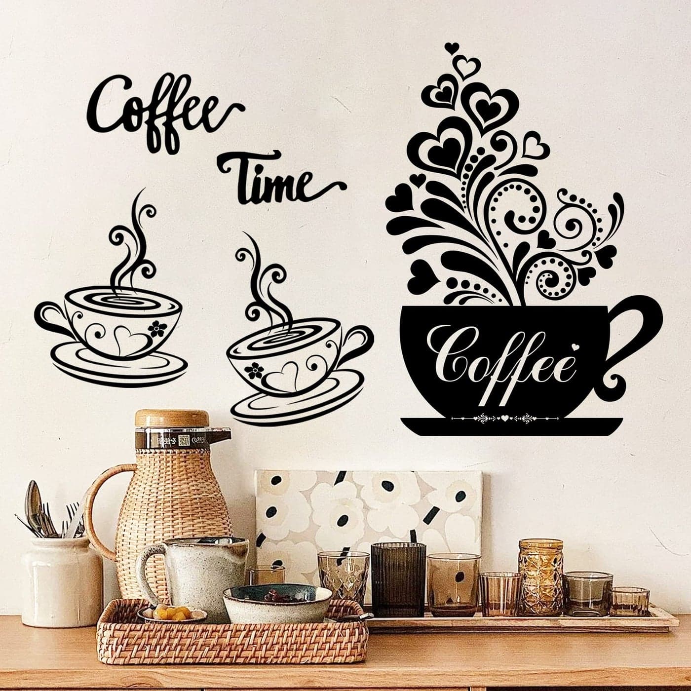 Vinyl Wall Decals Kitchen Decor Stickers Black Coffee Tea Signs Flower Wall Art Removable DIY Coffee Sayings Home Cafe Shop Bar Pub Office