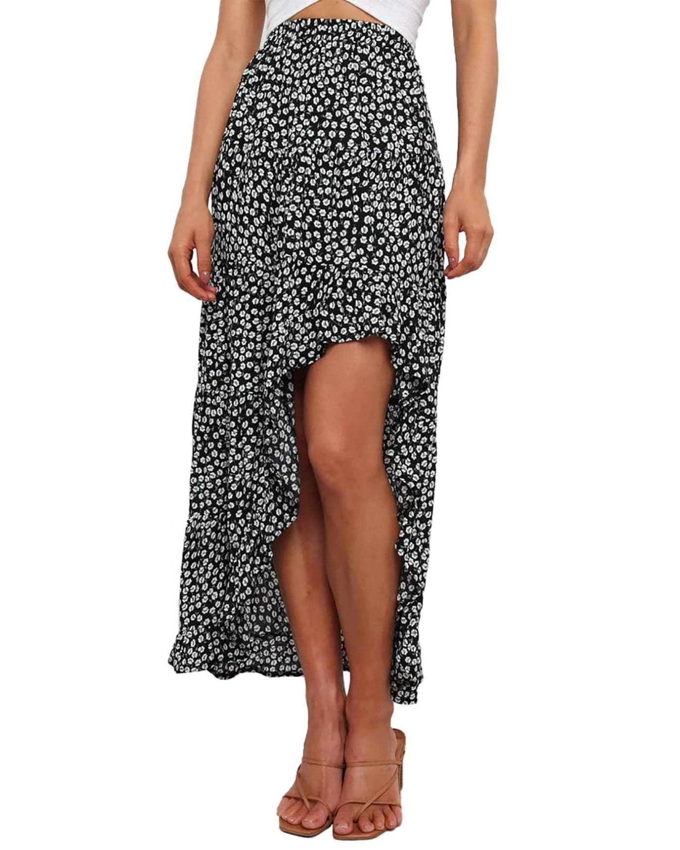 BTFBM Women 2025 Summer Spring Boho Long Skirts Dress Floral Print Elastic Waist Split Ruffle High Low Beach Maxi Skirt(Black White, Small)