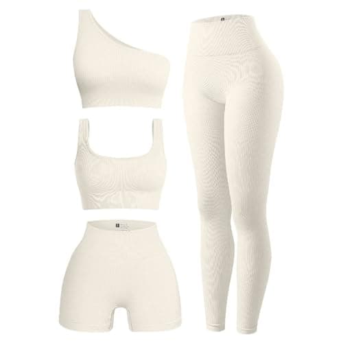 OIERD 4 Piece Workout Sets For Women Ribbed Leggings Clothes Yoga Sets Active Wear Cute Matching Work Out Sets Gym Pilates Outfits Beige White,L