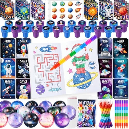 BenLouis 84Pcs Outer Space Themed Party Favors Space Alien Coloring Books Crayons Sticker Stampers Set Bulk Classroom Prizes for Kids Astronaut Planet Birthday Party Goodie Bags Fillers