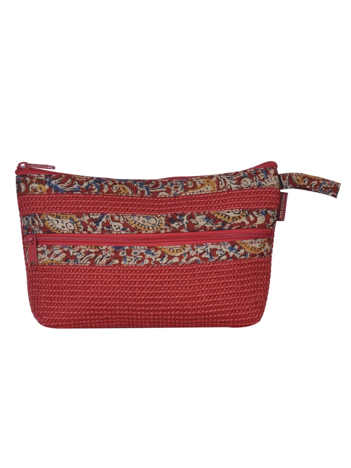 Jute Cottage Eco-Friendly Dobby Kalamkari Pouch 2 Zip Small Red Jute