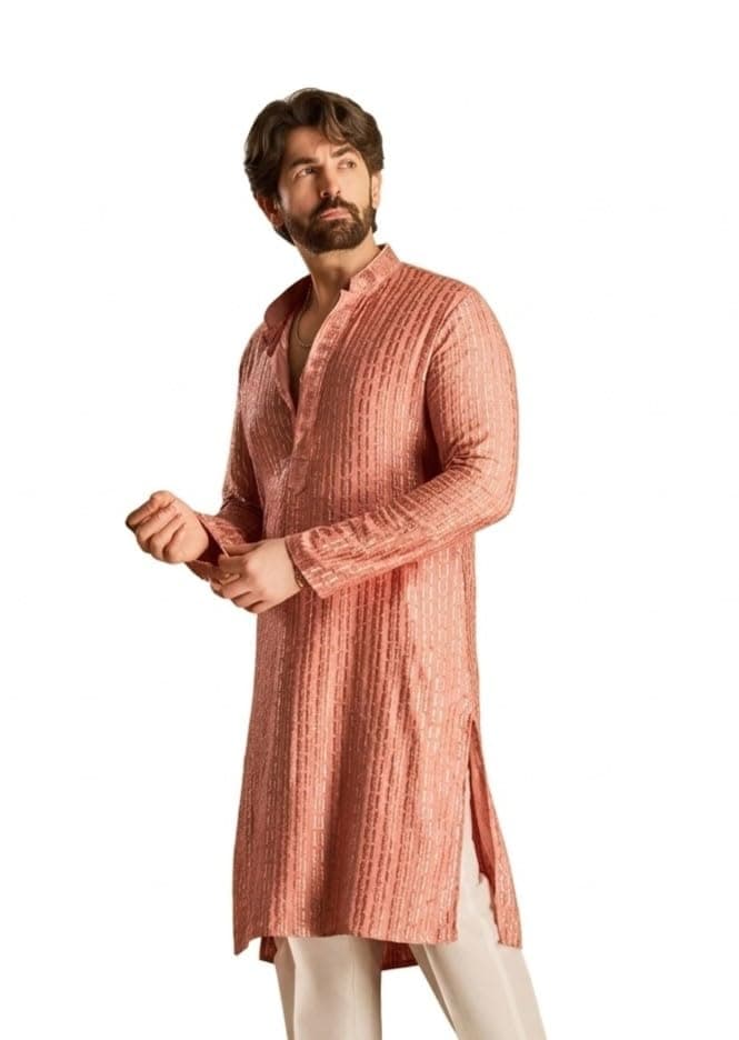SOJANYA (Since 1958 Men's Cotton Rayon Shiny Thread Sequinned Coral Only Long Kurta