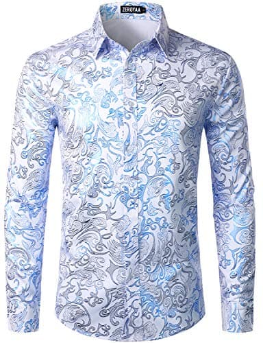 ZEROYAA Men's Luxury Prom Design Slim Fit Long Sleeve Button up Party Dress Shirts ZZCL48 White Royal Medium