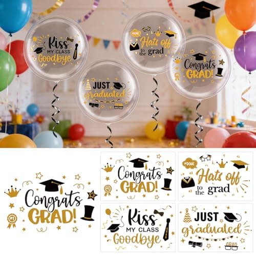 Whaline Congrats 2026 Grad Decorations 16 Sheet Bobo Balloon Stickers with 20Pcs Graduation Bobo Balloon 18 Inch Transparent Bubble Balloons for School Graduation Season Ceremony Party Supplies