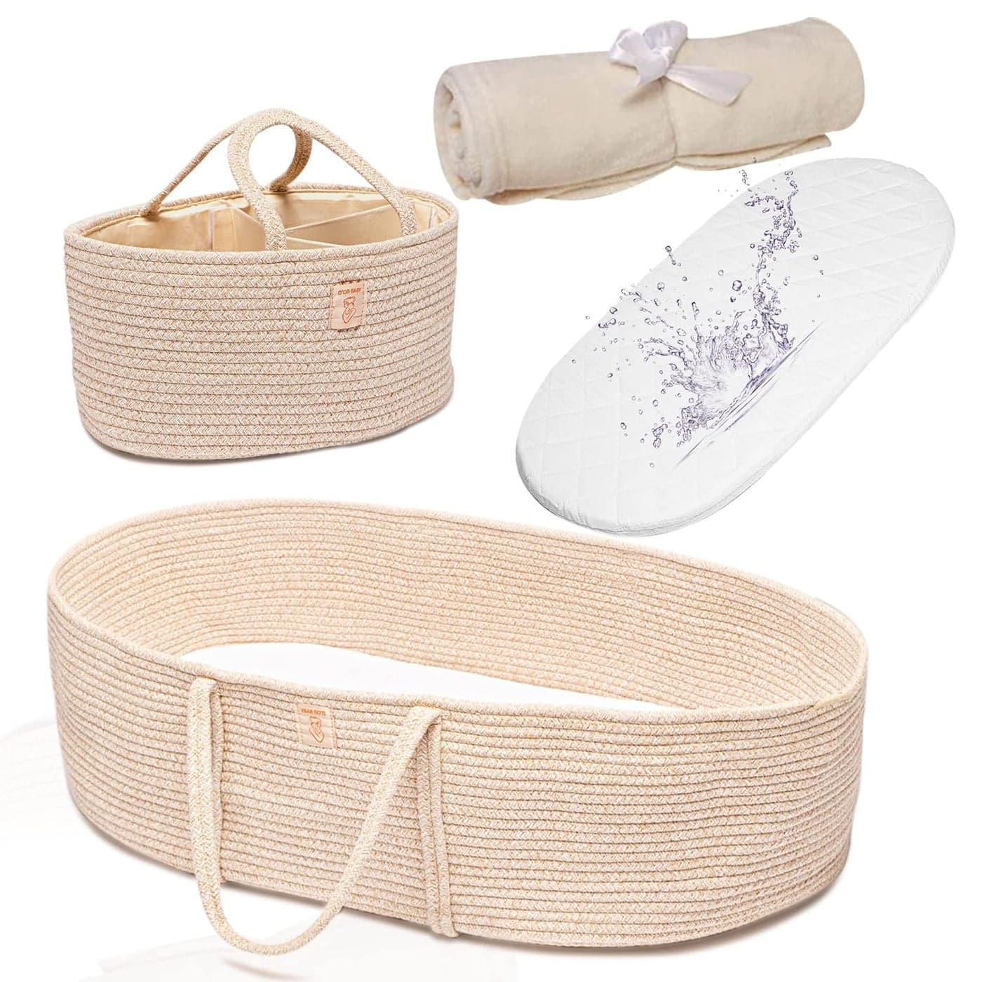 Trendy Baby Changing Basket Unisex Baby Moses Basket Set of 4 Pieces Waterproof Pad Cover Caddy Diaper OrganizerCotton Blanket Boho Basket Nursery Decor Bassinet Changing Table Topper