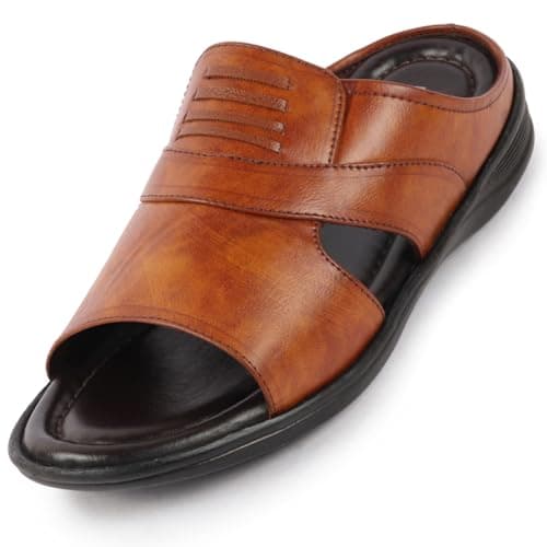 FAUSTO FST KI-512 TAN-43 Men's Tan Daily Indoor Outdoor Comfort Stitched Open Toe Slip On Slipper (9 UK)