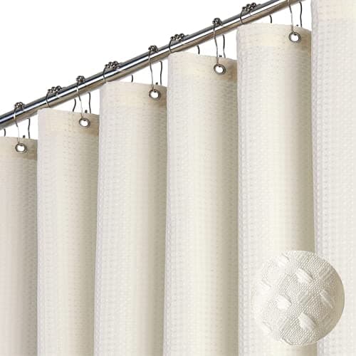 Dynamene Stall Ivory Fabric Shower Curtain - Waffle Textured Small Heavy Duty Cloth Shower Curtains for Bathroom, 256GSM Narrow Hotel Luxury Bath Curtain Set with 6 Plastic Hooks(36Wx72H,Cream/Ivory)