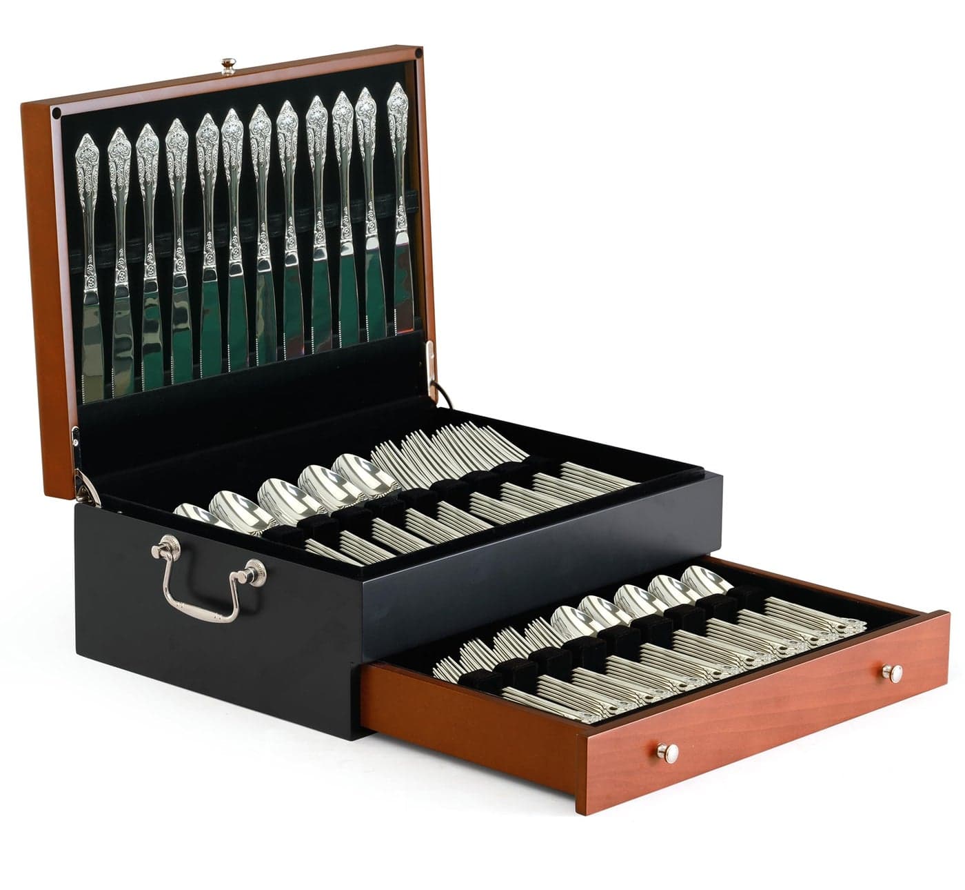 boldworks Silverware Storage Box Silverware Chest Case for Silver Flatware with Lid Tarnish Proof Felt Lined Partition and Drawer Holds Service for 14 Includes Polishing Cloth