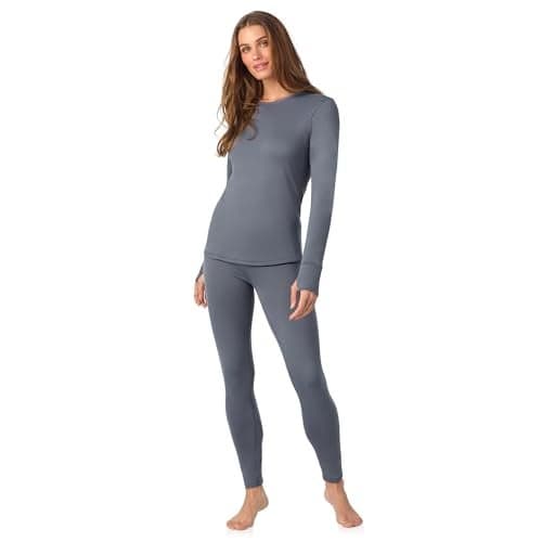 Cuddl Duds Thermal Underwear for Women - Women's Cold Weather Clothes Fleece Lined Thermal Long Johns - Winter Base Layer Clothing Thermal Shirt Top and Leggings Pants 2Pc Set for Women - Grey Medium